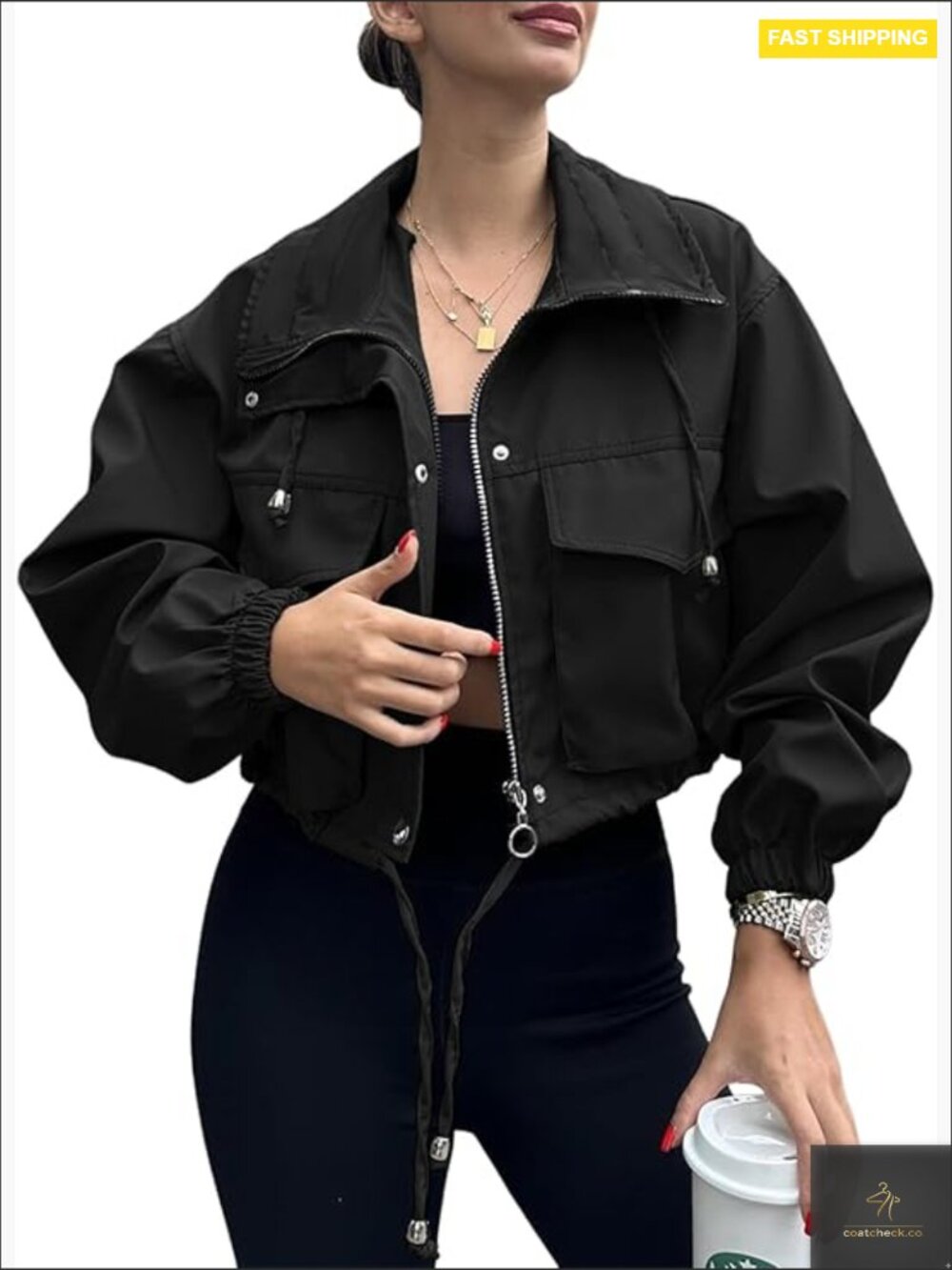 Cropped Zip Up Jacket Lightweight Oversized Utility Anorak Coat with Pockets
